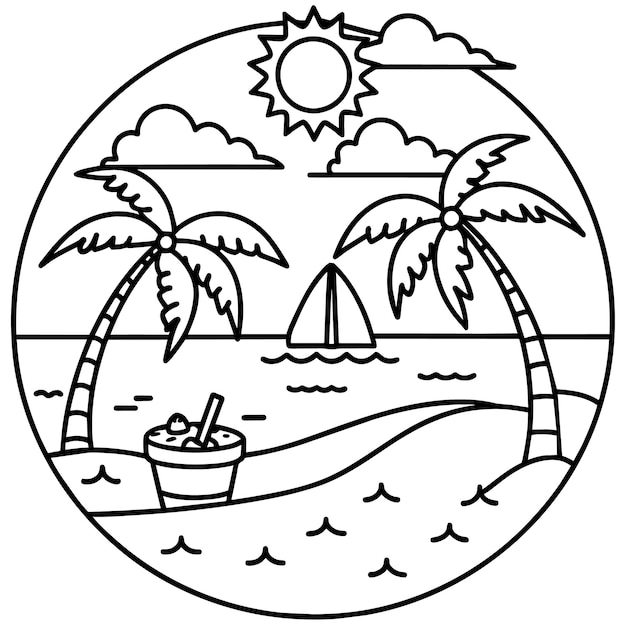 Summer Sea Beach outline illustration digital coloring book page line art drawing