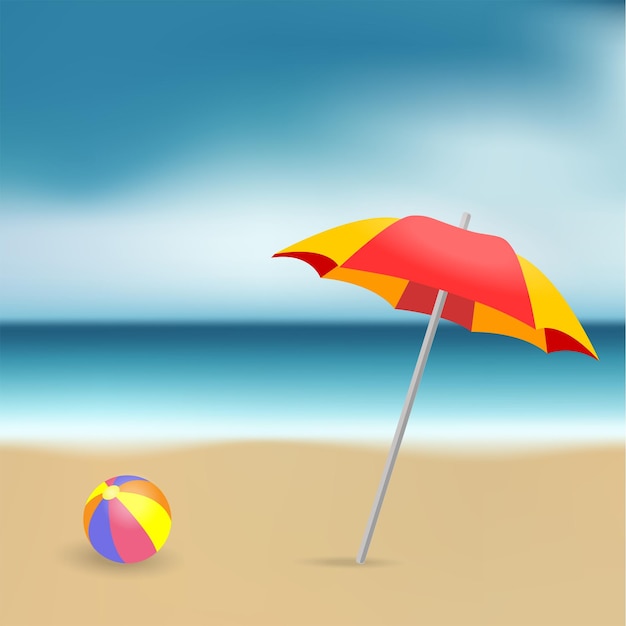 Summer sea beach with umbrella and ball.