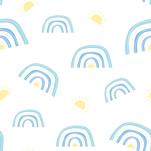 Summer seamless pattern of blue rainbows with suns Scandinavian boho style blue children's print