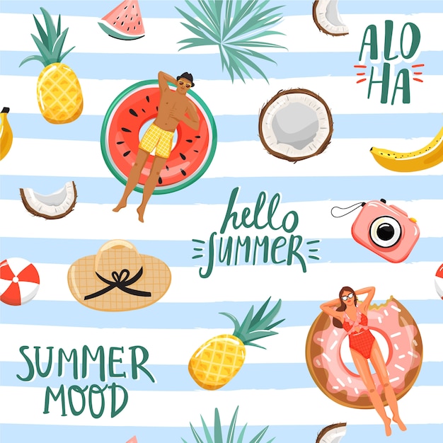 Summer seamless pattern. Rest and vacation collage.