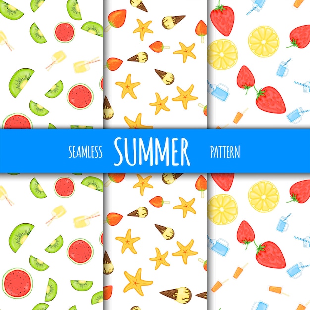 Summer seamless pattern set with fruits. Cartoon style. Vector illustration.