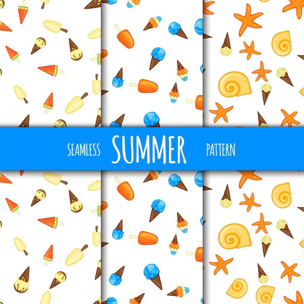 Summer seamless pattern set with ice cream. Cartoon style. Vector illustration.