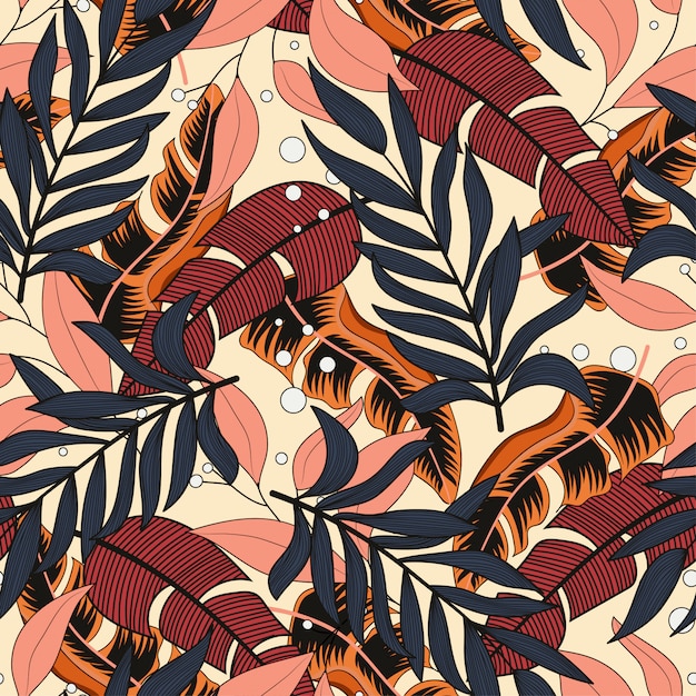 Summer seamless pattern with beautiful tropical plants and leaves