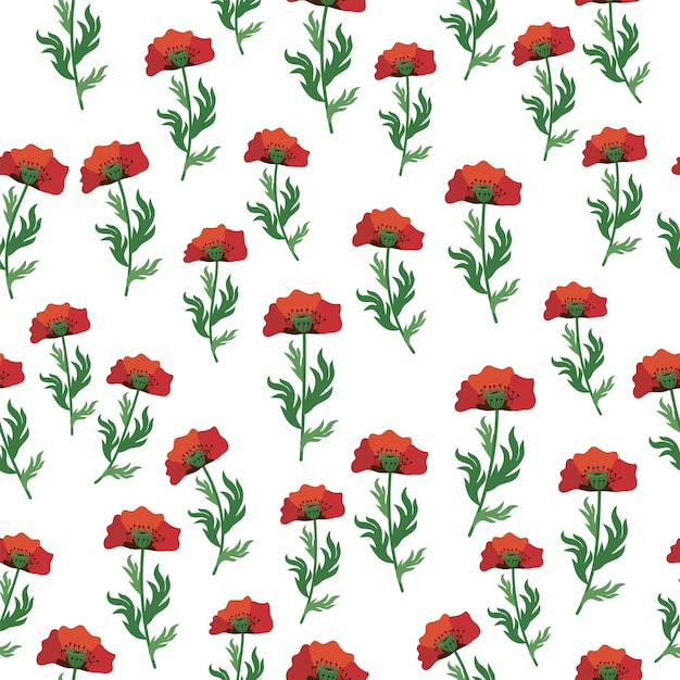 Summer seamless pattern with bright red poppy flowers and poppy pods Field meadow of poppies