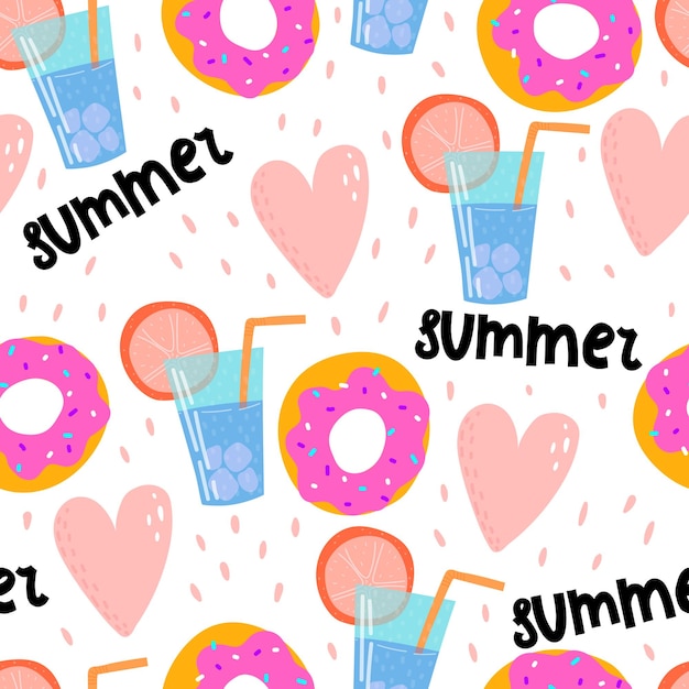 summer seamless pattern with cartoon cocktail donuts hearts hand drawing lettering