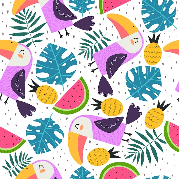 Vector summer seamless pattern with cartoon toucans