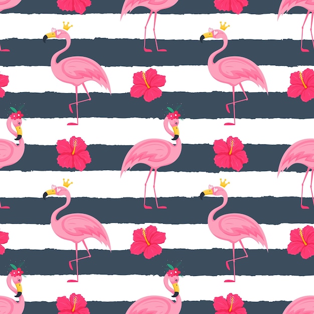 Vector summer seamless pattern with cute pink flamingos in a crown and sunglasses hibiscus flowers bright vector illustrations in a flat cartoon style on a background with dark texture stripes