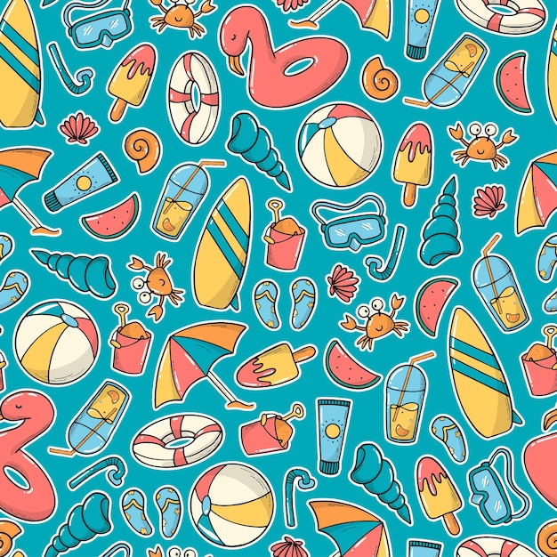 Summer seamless pattern with hand drawn doodles