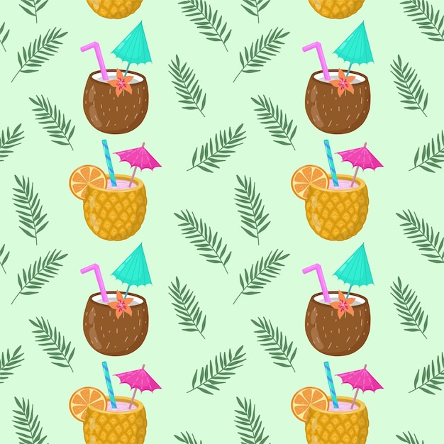 Summer seamless pattern with handdrawn alcoholic cocktails made of coconut pineapple and palm