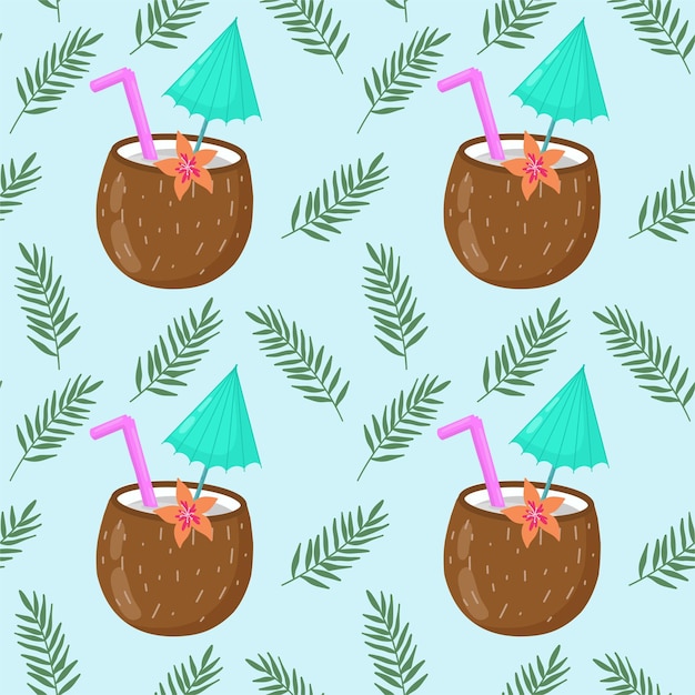 Summer seamless pattern with handdrawn alcoholic cocktails and palm leaves Vintage vector