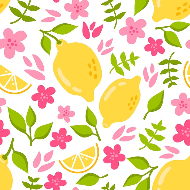 Summer seamless pattern with lemon lemon slice pink flowers and leaves in flat style