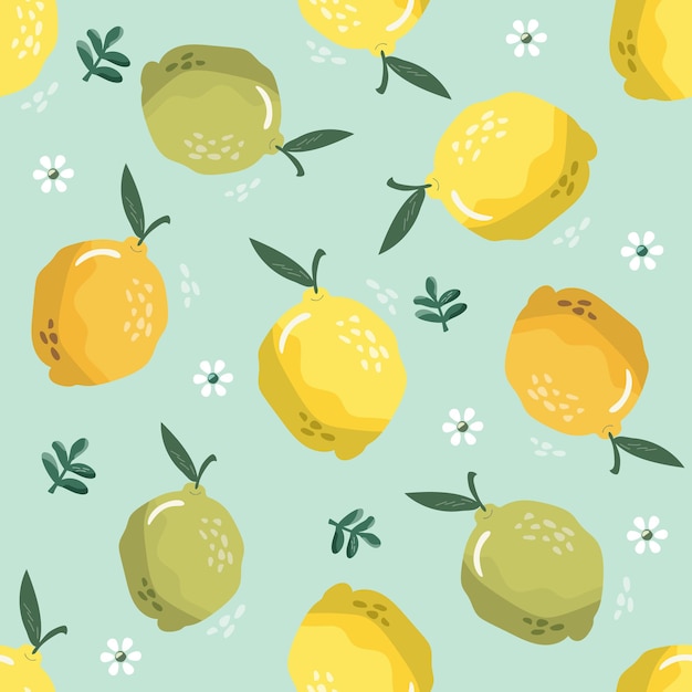 Summer seamless pattern with lemons and blossom.