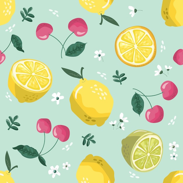 Summer seamless pattern with lemons, cherry and blossom.