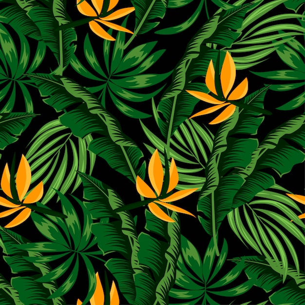 Summer seamless tropical pattern with bright green and yellow leaves and plants