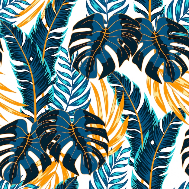 Summer seamless tropical pattern with bright plants and leaves on a light background