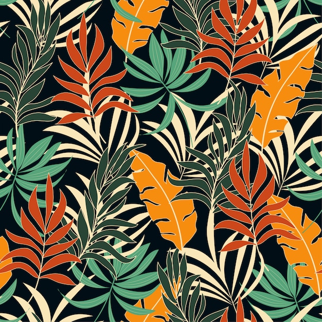 Summer seamless tropical pattern with bright red and yellow plants and leaves