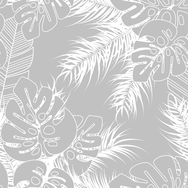 Summer seamless tropical pattern with monstera palm leaves and plants on gray background