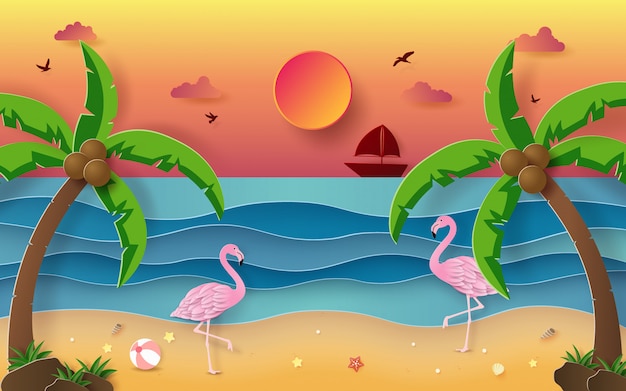 Summer season, Flamingo on the tropical beach