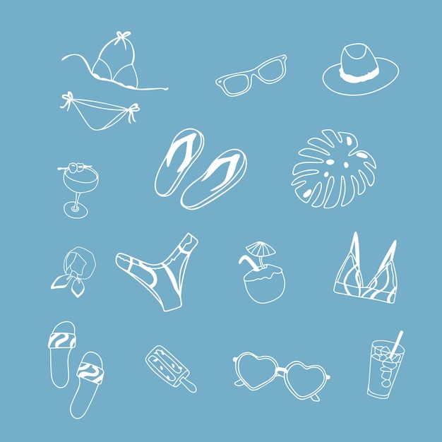 Summer set of accessories for the beach contour drawing