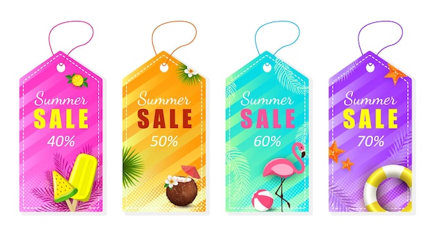 Summer set of sale and gift labels tags with fun elements hand drawn lettering