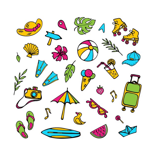 Vector summer set of symbols hand drawn clipart collection