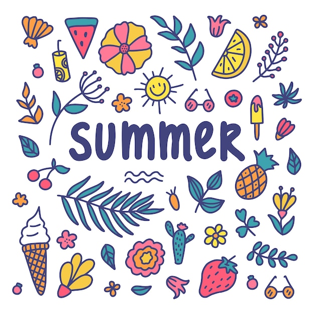 Summer set Vector illustration of colorful doodles of summer symbols