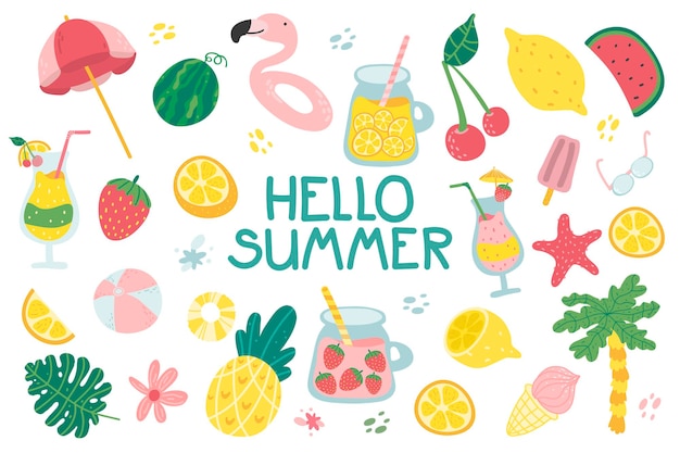 Summer set with cute beach elements and lettering cocktail juice ice cream fruits flowers