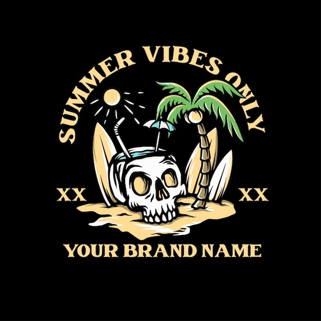 Summer skull illustration with palm on black background