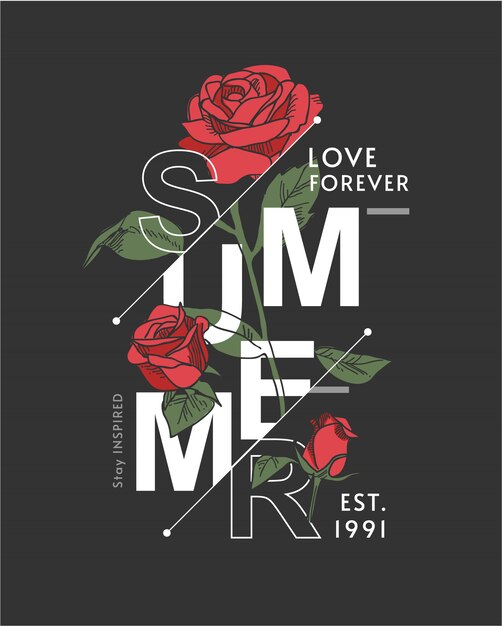 Vector summer slogan with roses illustration on black background