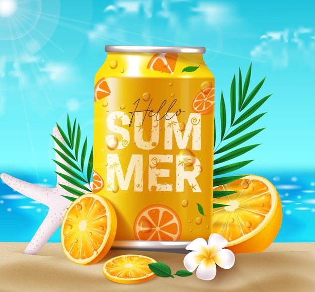 Summer soda vector design Hello summer text in cola drink with slice orange fruit flavor for tropic