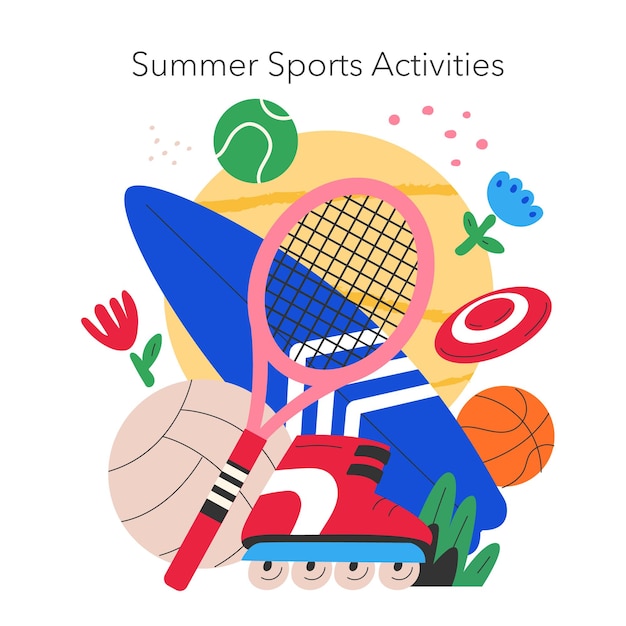 Vector summer sports activities concept collection of equipment for tennis basketball and rollerblading