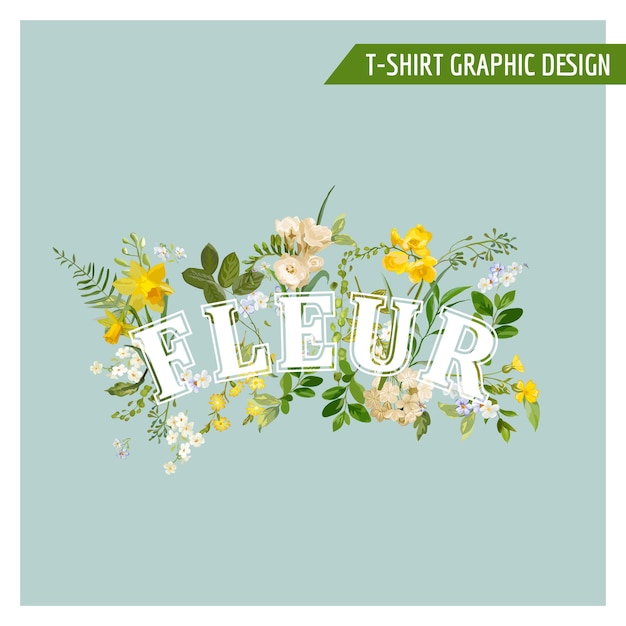 Vector summer and spring field flowers graphic design for t shirt, fashion, prints