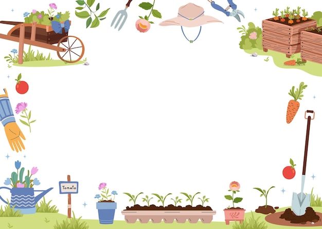 Summer and spring garden frame Background with agriculture vector Garden tools household set