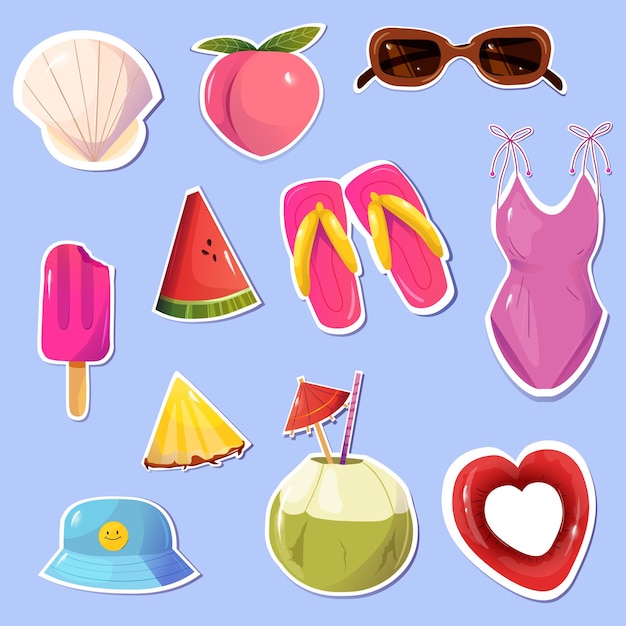 Summer stickers collection in flat cartoon style Summer fruitsbeach clothesshellice cream Vecto