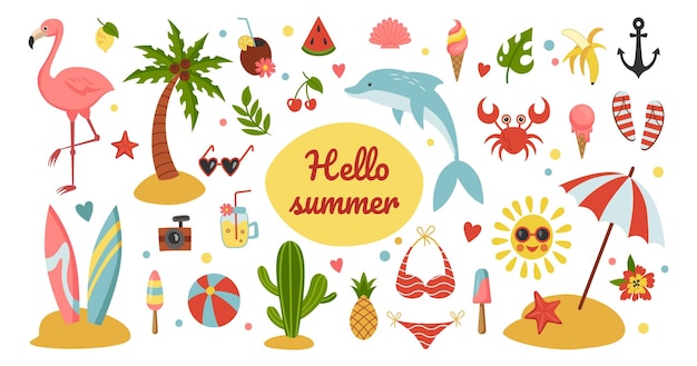 Summer stickers Cute scrapbook collection Summertime travel Beach vacation Party cocktail Hello tropical drink Flamingo and dolphin Sunbathing or surfing Vector illustration set