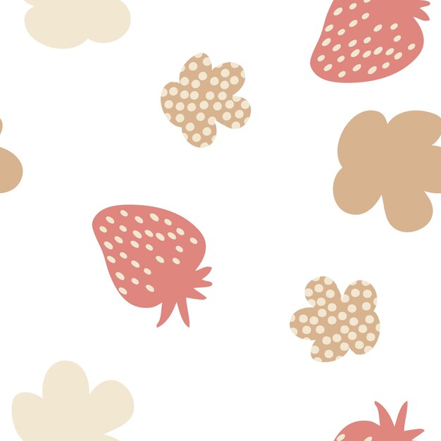 Summer strawberries and spotted flowers seamless vector pattern in soft pastel colors Design for Tshirt textile and prints Hand drawn illustration for decor and design