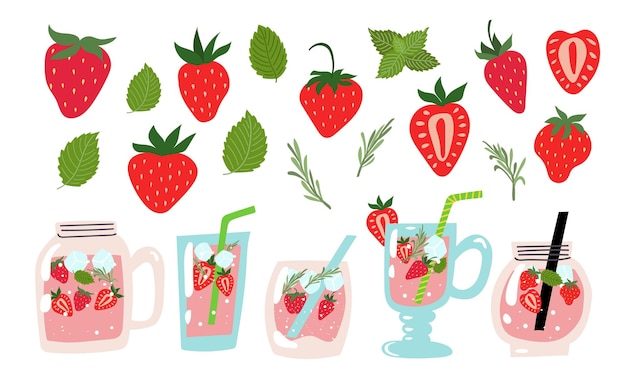 Vector summer strawberry lemonade set vector illustration a collection of beverages with berries mint and rosemary