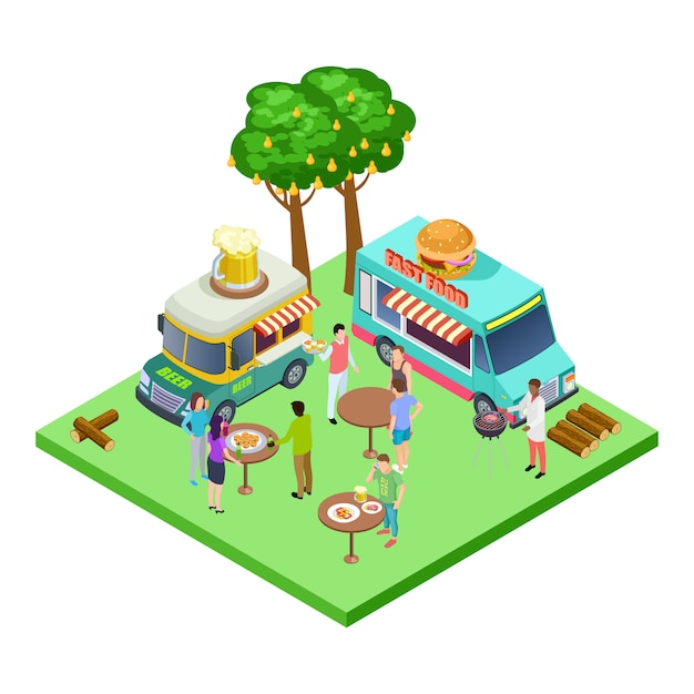 Summer street cafe, bbq party, picnic in the park isometric  location