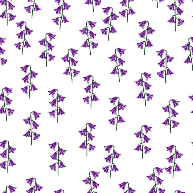 Summer style isolated seamless pattern with purple bell flowers shapes print. White background. Simple style. Flat vector print for textile, fabric, giftwrap, wallpapers. Endless illustration.