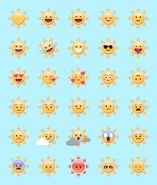 Summer sun emoji faces with cute expressions for social media