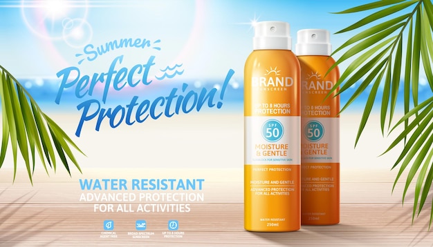 Summer sunscreen spray ads on bokeh beach background with palm leaves in 3d illustration