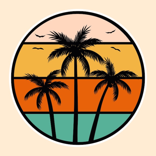 Summer Sunset Beach Label Vector Illustration Retro Vintage Badge Sticker And T-shirt Design