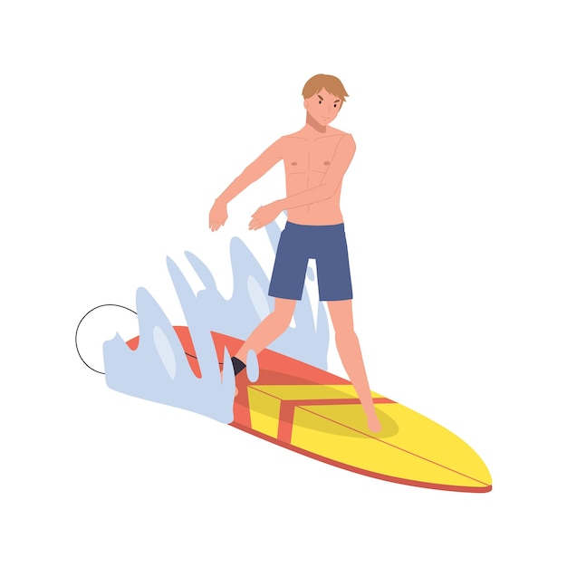 Summer surface water sport man on the surf board Surfing Surfboard and water drops Surfers man riding on the waves Flat vector illustration