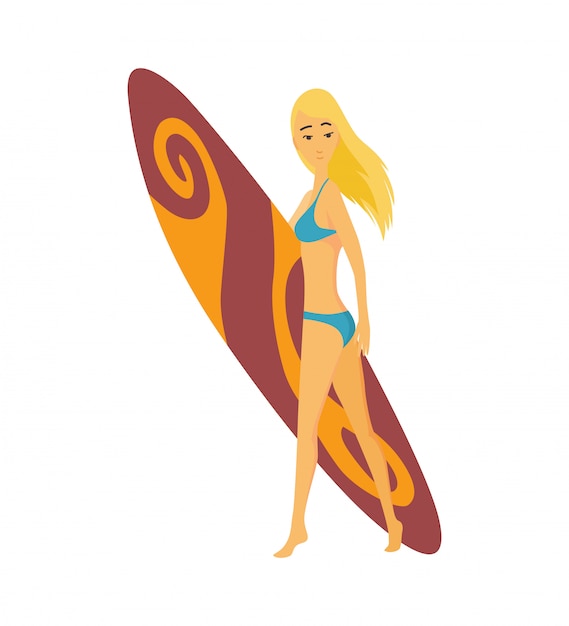 Summer surfing vector illustration of blonde girl or young woman surfer with color surfboard. Cartoon poster for summer sport activity and sea leisure hobby