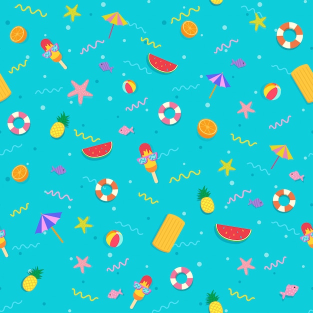 Summer symbol to seamless pattern on blue background.