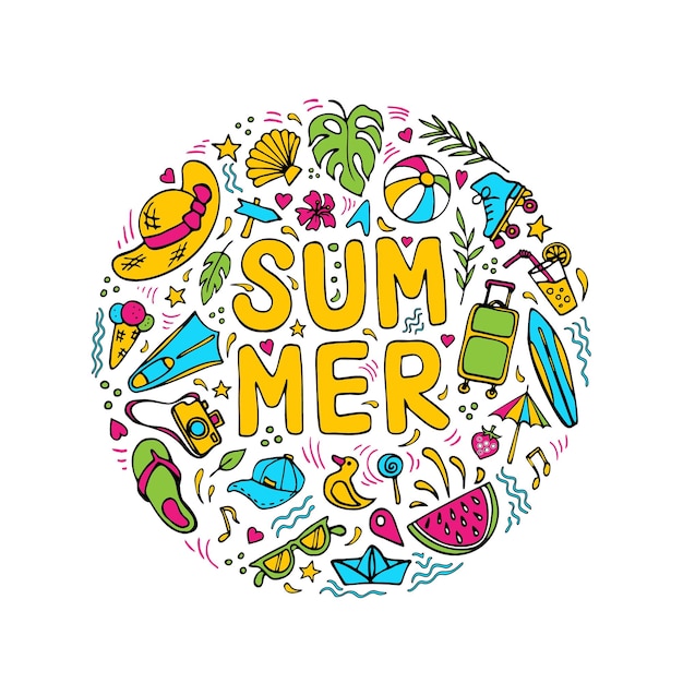 Summer symbols doodle clipart Round composition on vacation theme with lettering