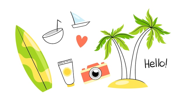 Summer symbols minimalist set palms near surfboard and camera yacht suncream and coconut cocktail