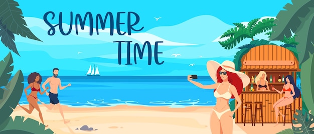 A summer time banner with a beach bar and cheerful people on a tropical beach