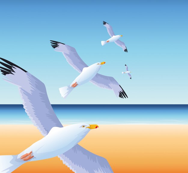 Vector summer time in beach vacations flying seagulls over sea