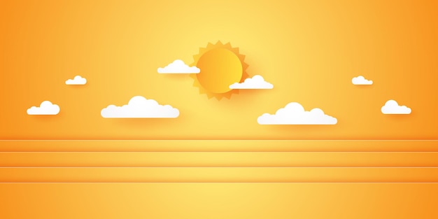 Summer Time, Cloudscape, cloudy sky with bright sun, paper art style